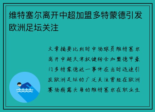 维特塞尔离开中超加盟多特蒙德引发欧洲足坛关注