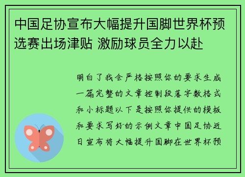 中国足协宣布大幅提升国脚世界杯预选赛出场津贴 激励球员全力以赴