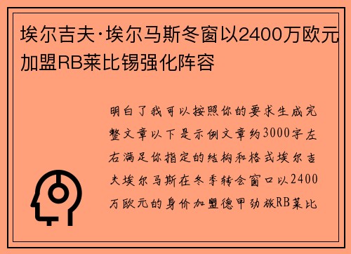 埃尔吉夫·埃尔马斯冬窗以2400万欧元加盟RB莱比锡强化阵容