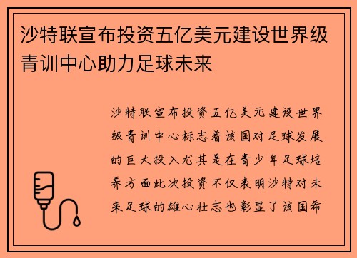 沙特联宣布投资五亿美元建设世界级青训中心助力足球未来
